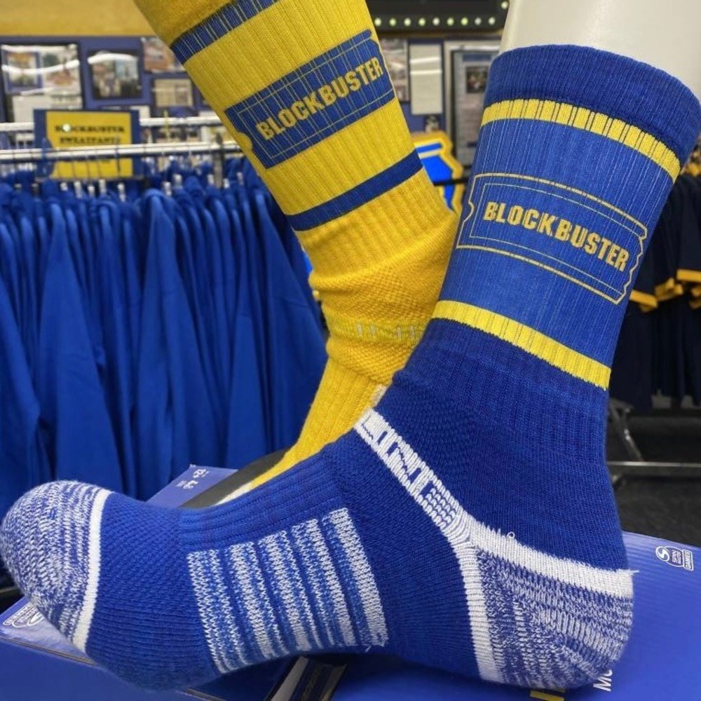 Blockbuster Blue Yellow Ticket Logo Crew Socks Sz M/L‎ - Picture 2 of 4
